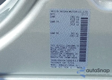 2025 Nissan Altima Sv Fwd z USA, uszkodzony, nr VIN 1N4BL4DVXSN386922